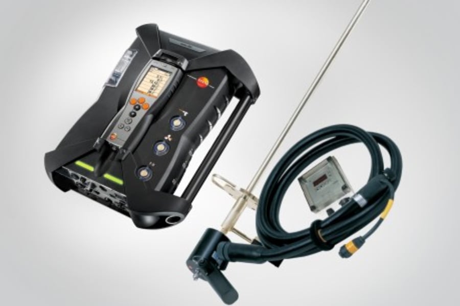 德图加热解决方案，即 testo 烟气分析仪配备 testo 全加热采样系统，其中含热采样管、加热手柄以及全加热采样软管。