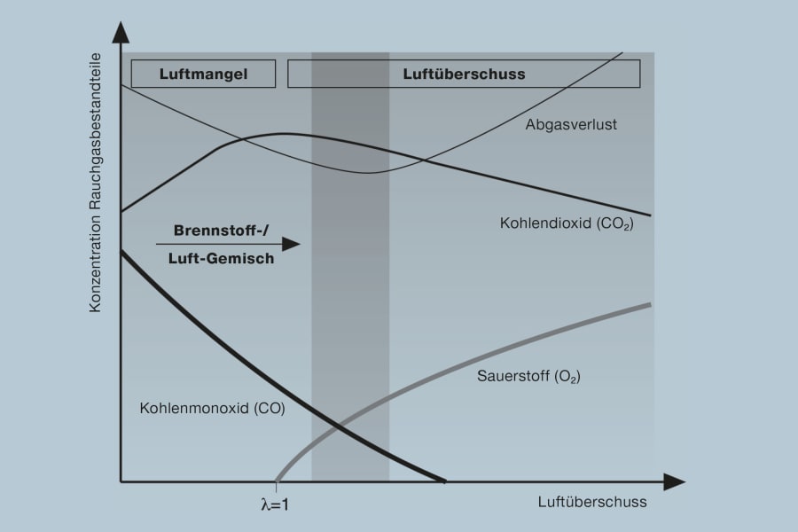 Concentration of flue gas components and excess air