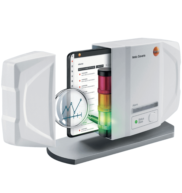 testo Saveris 1 底座，带软件、信号灯和分析符号。 